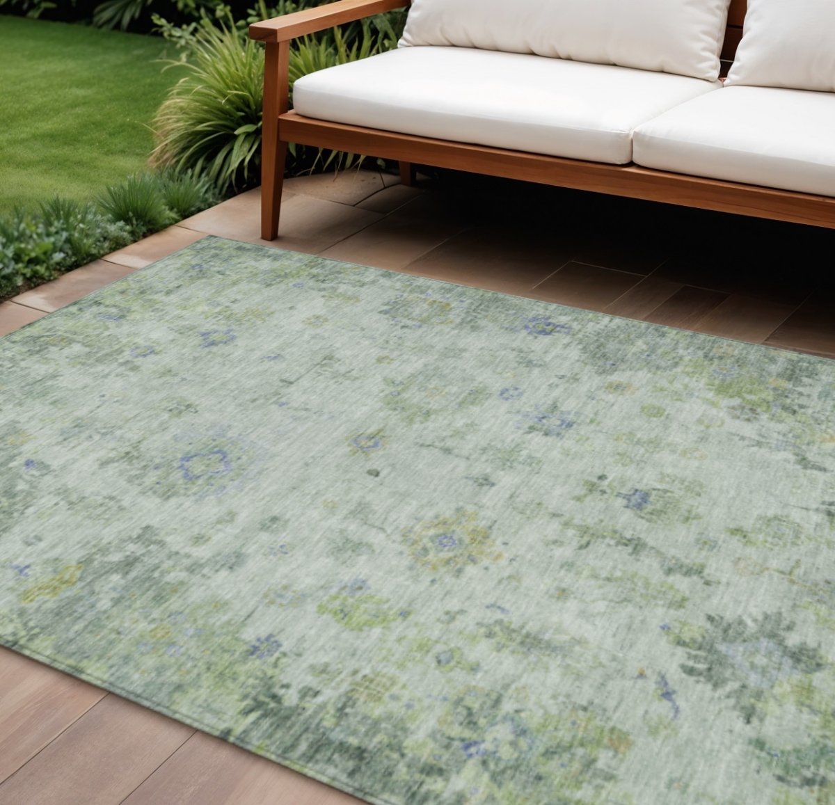 658355 9 x 12 ft. Artichoke Green & Blue Floral Washable Traditional Indoor & Outdoor Rectangle Area Rug