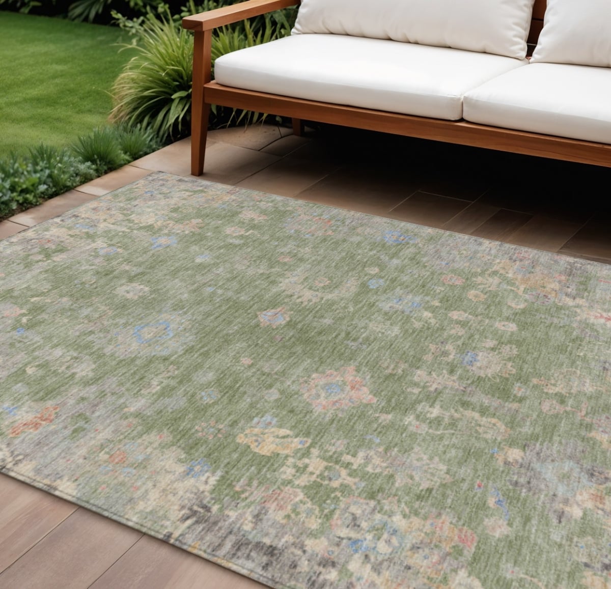 658379 9 x 12 ft. Artichoke Green & Gray Floral Washable Traditional Indoor & Outdoor Rectangle Area Rug