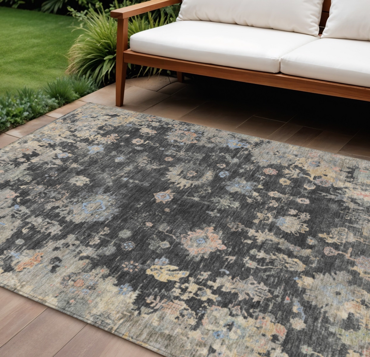 658392 10 x 14 ft. Charcoal & Beige Floral Washable Traditional Indoor & Outdoor Rectangle Area Rug