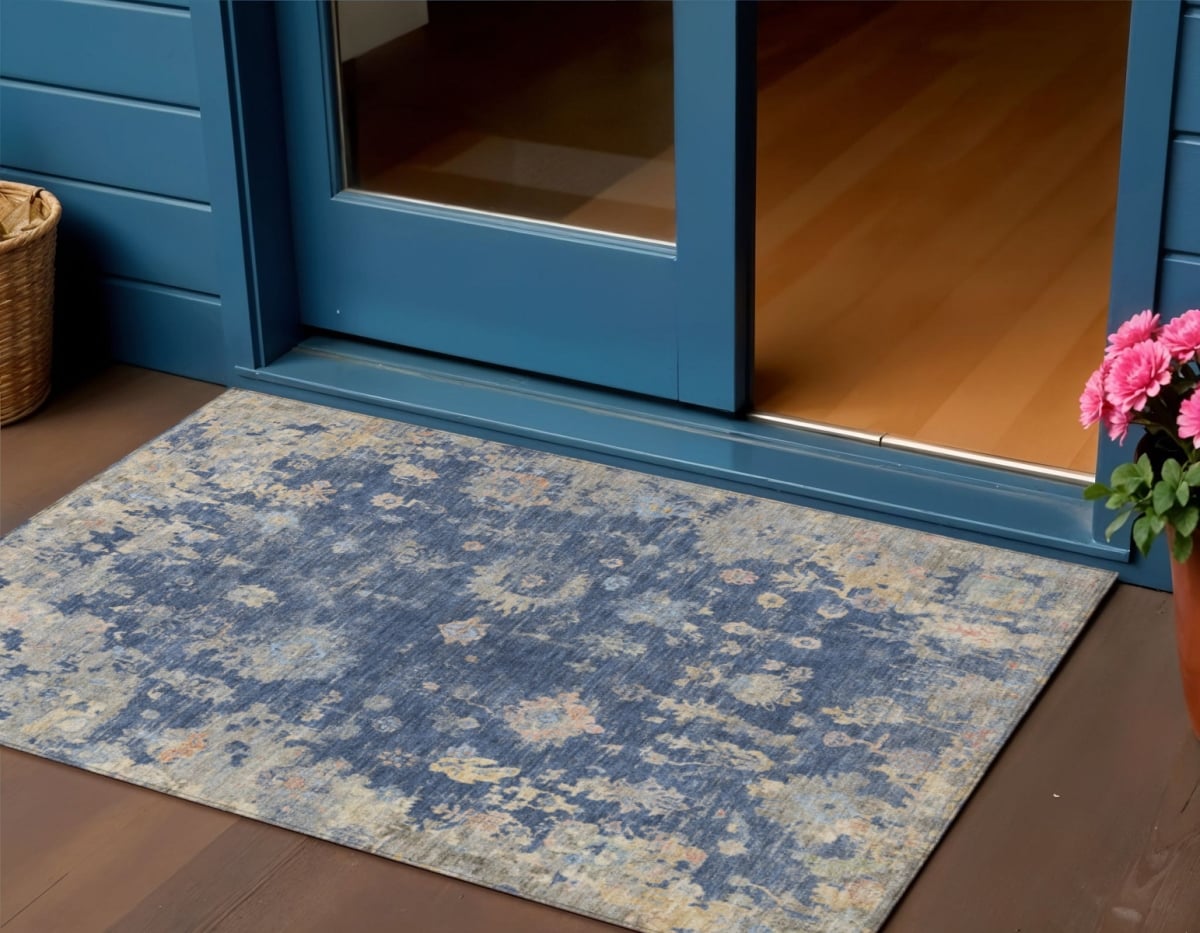 658411 3 x 5 ft. Navy Blue, Gray & Beige Floral Washable Traditional Indoor & Outdoor Rectangle Area Rug