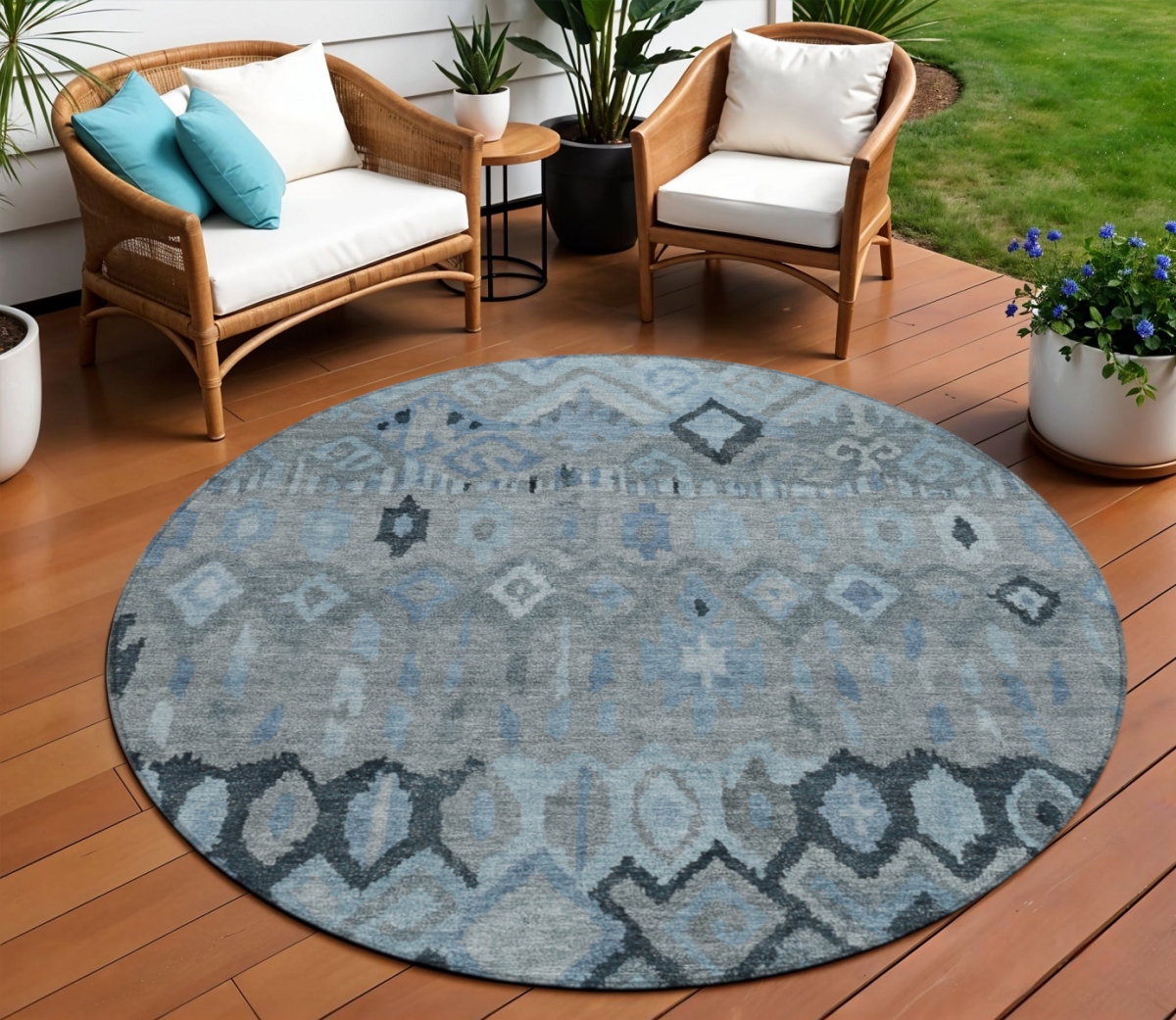 658455 8 ft. Gray & Charcoal Geometric Washable Transitional Indoor & Outdoor Round Area Rug
