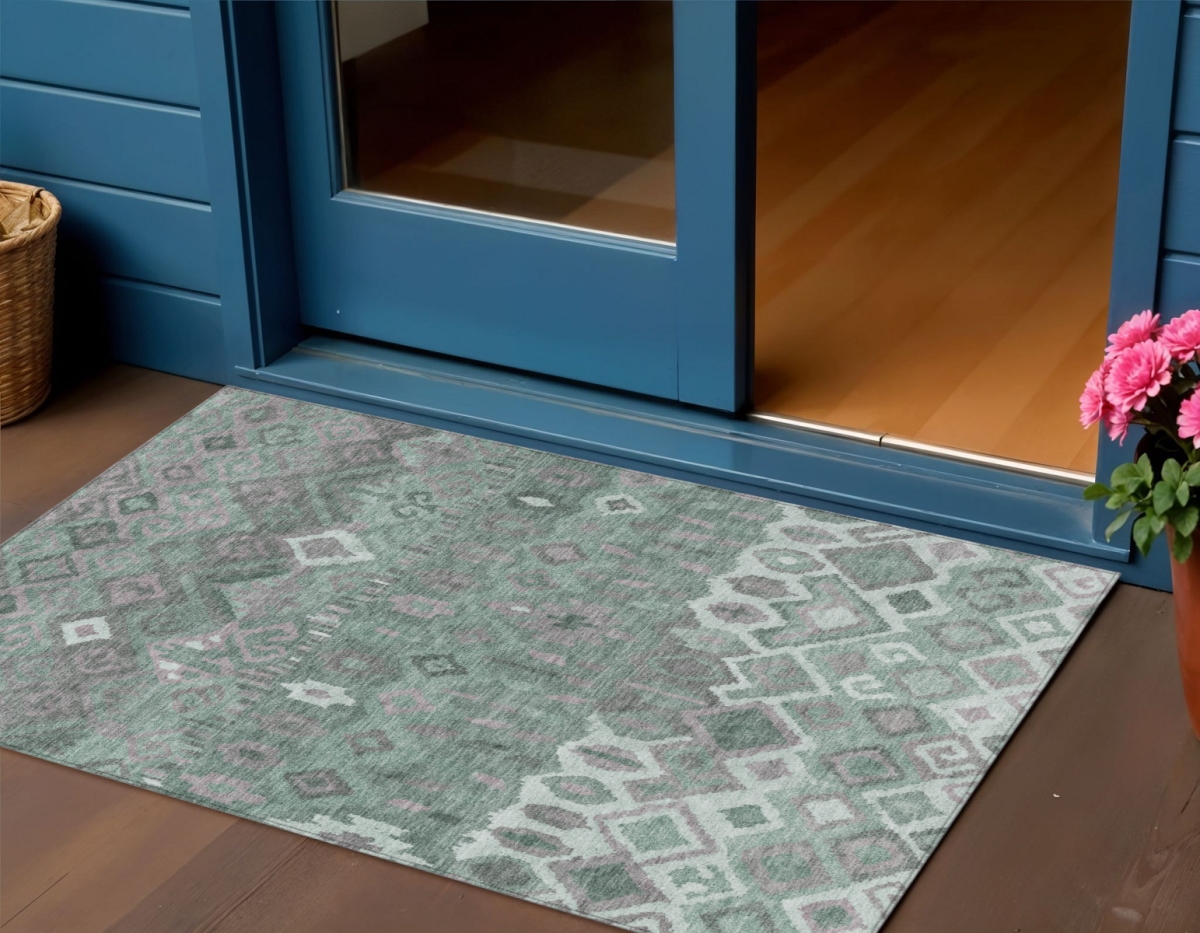 658471 3 x 5 ft. Artichoke Green Gray & Ivory Geometric Washable Transitional Indoor & Outdoor Rectangle Area Rug