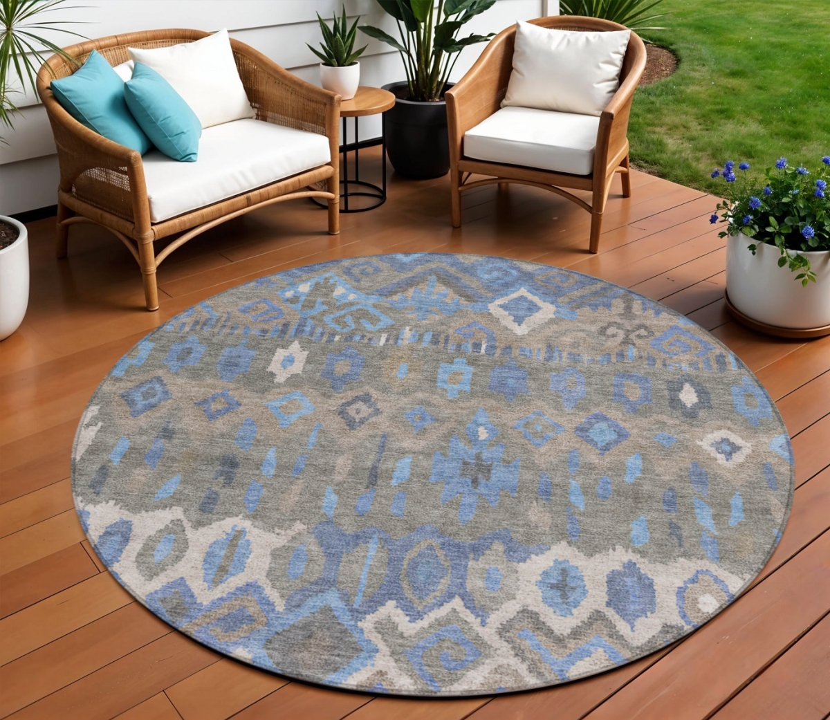 658485 8 ft. Denim Blue, Gray & Ivory Geometric Washable Transitional Indoor & Outdoor Round Area Rug