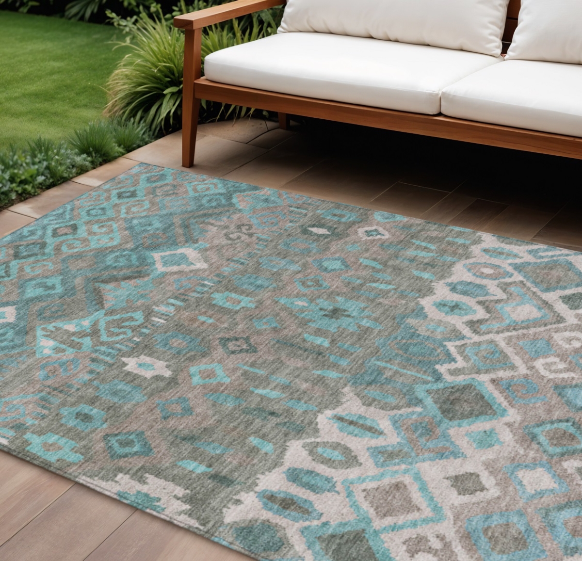658506 10 x 14 ft. Teal Blue, Gray & Ivory Geometric Washable Transitional Indoor & Outdoor Rectangle Area Rug