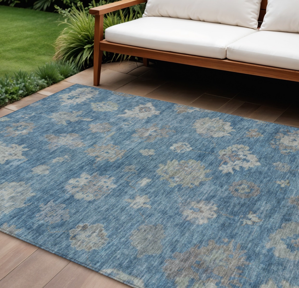 658523 9 x 12 ft. Denim Blue & Gray Floral Washable Traditional Indoor & Outdoor Rectangle Area Rug