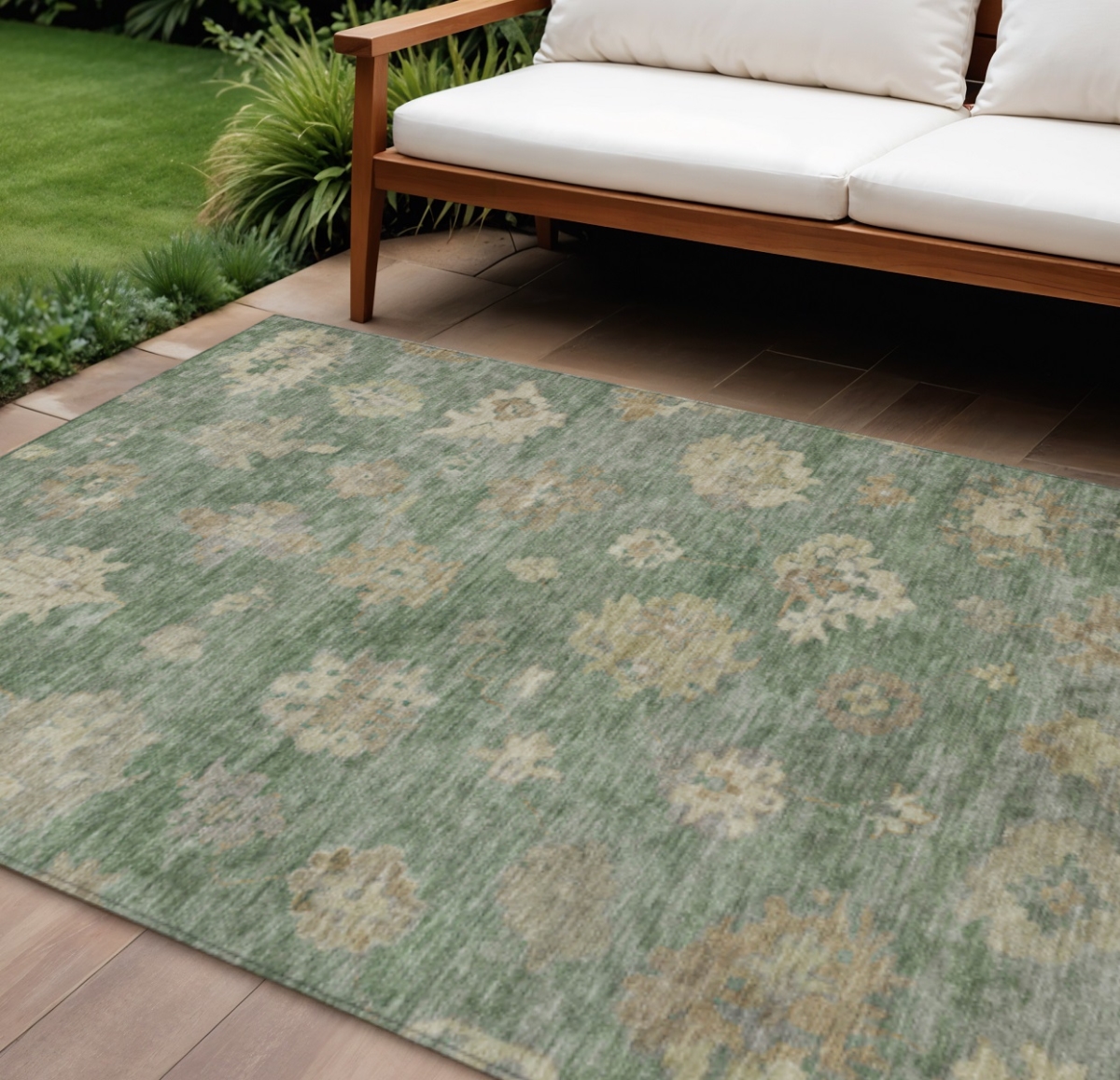 658529 9 x 12 ft. Fern Green & Beige Floral Washable Traditional Indoor & Outdoor Rectangle Area Rug