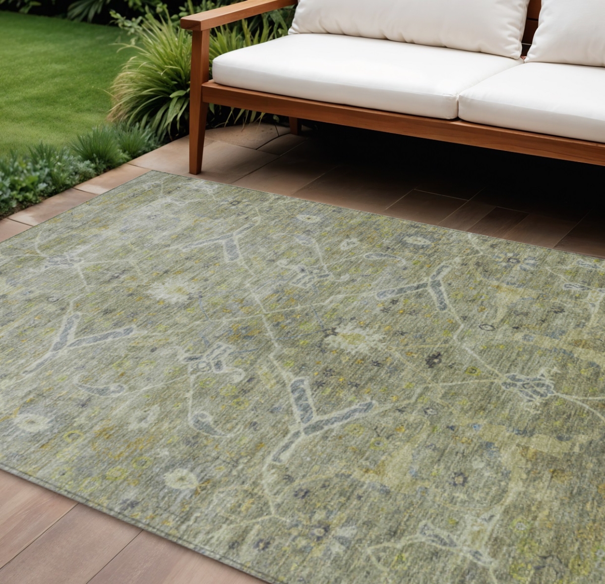 658247 9 x 12 ft. Artichoke Green & Gray Floral Washable Traditional Indoor & Outdoor Rectangle Area Rug