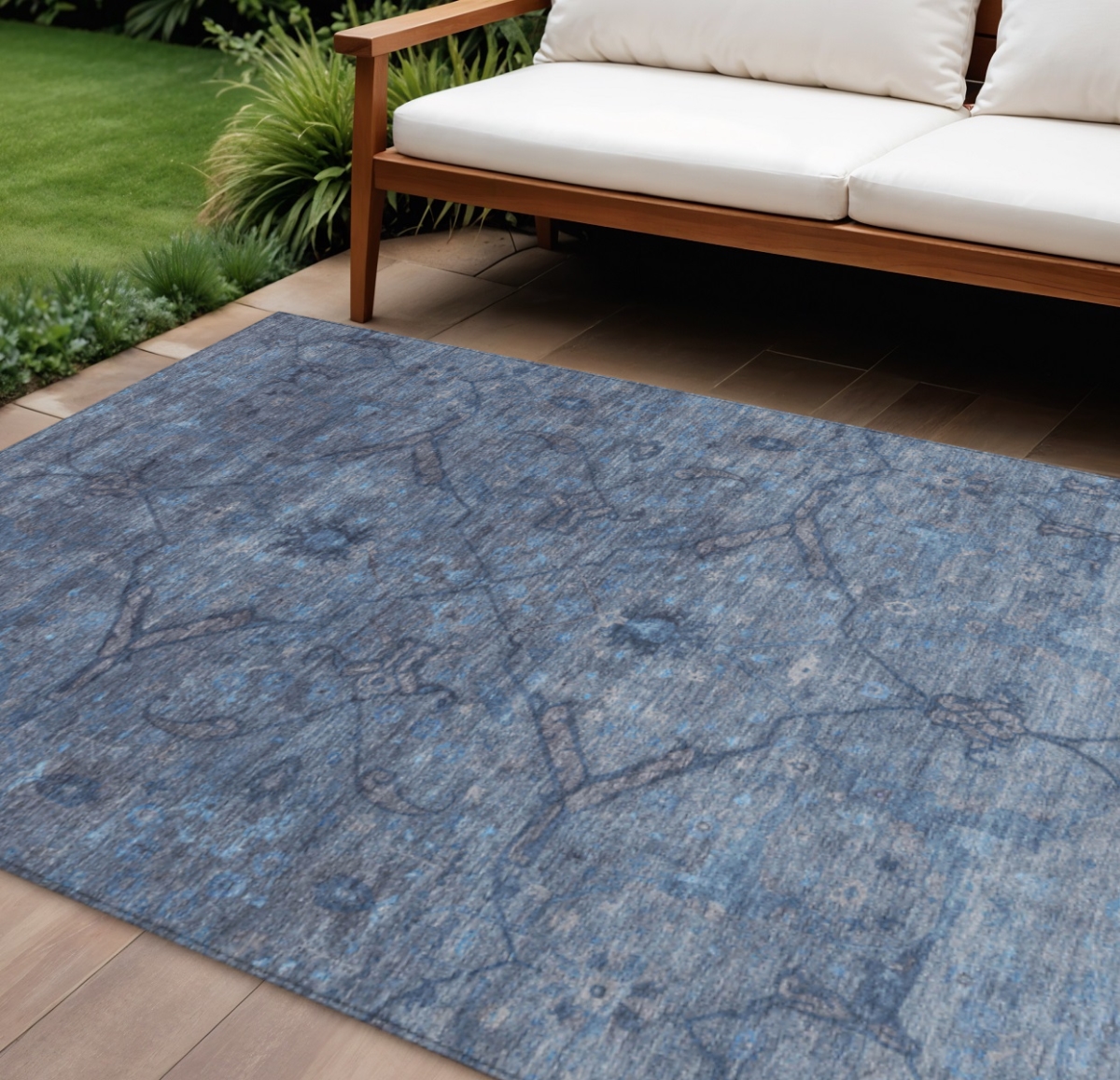 658284 10 x 14 ft. Blue & Gray Floral Washable Traditional Indoor & Outdoor Rectangle Area Rug