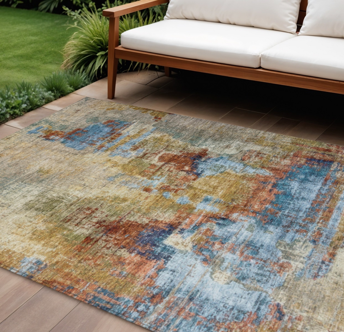 658307 9 x 12 ft. Beige Blue & Gold Abstract Washable Transitional Indoor & Outdoor Rectangle Area Rug