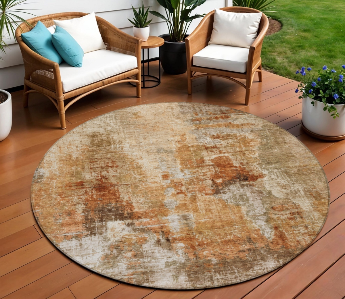 658317 8 ft. Copper Rust & Beige Abstract Washable Transitional Indoor & Outdoor Round Area Rug