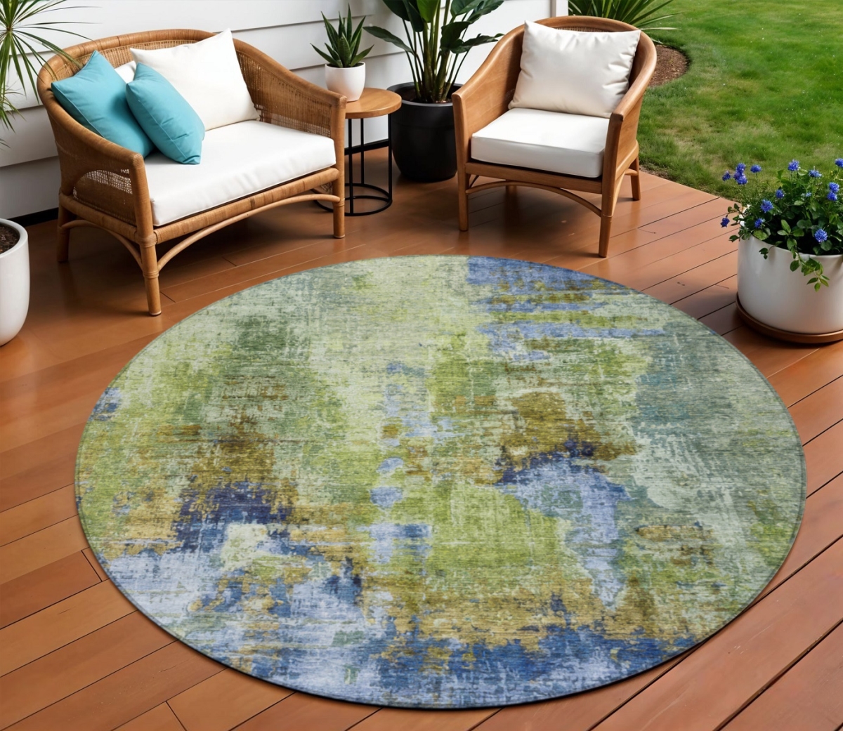 658323 8 ft. Green Blue & Brown Abstract Washable Transitional Indoor & Outdoor Round Area Rug