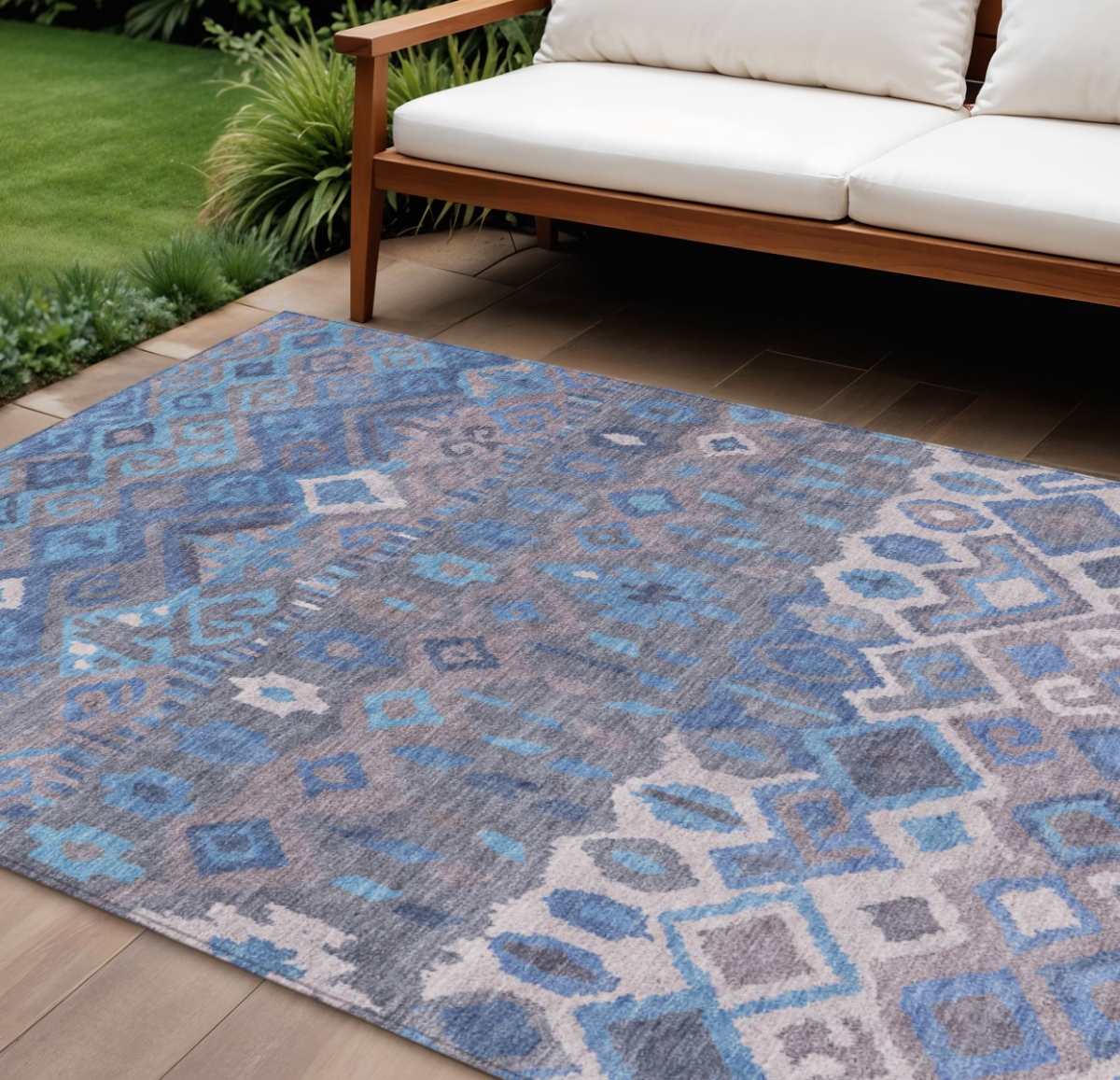 658481 9 x 12 ft. Blue, Gray & Ivory Geometric Washable Transitional Indoor & Outdoor Rectangle Area Rug