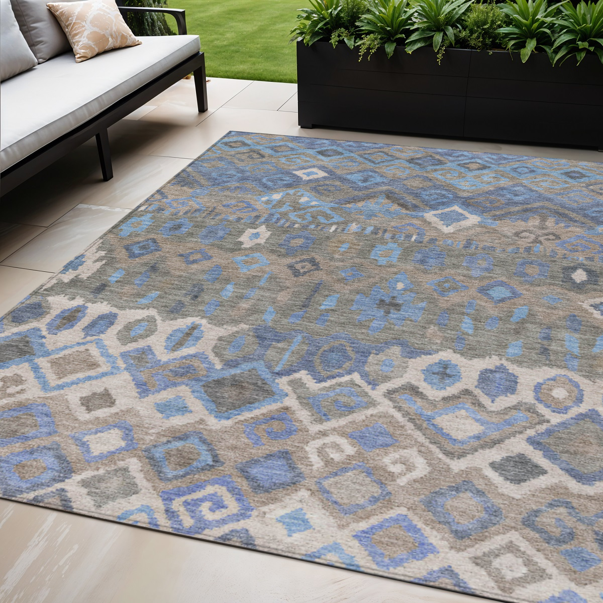 658484 5 x 8 ft. Denim Blue, Gray & Ivory Geometric Washable Transitional Indoor & Outdoor Rectangle Area Rug