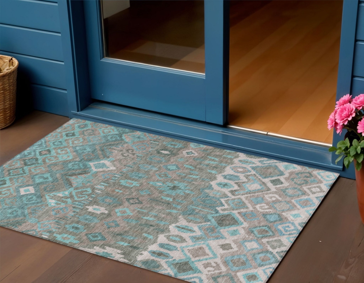 658501 3 x 5 ft. Teal Blue, Gray & Ivory Geometric Washable Transitional Indoor & Outdoor Rectangle Area Rug