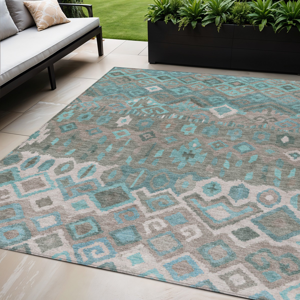658502 5 x 8 ft. Teal Blue, Gray & Ivory Geometric Washable Transitional Indoor & Outdoor Rectangle Area Rug