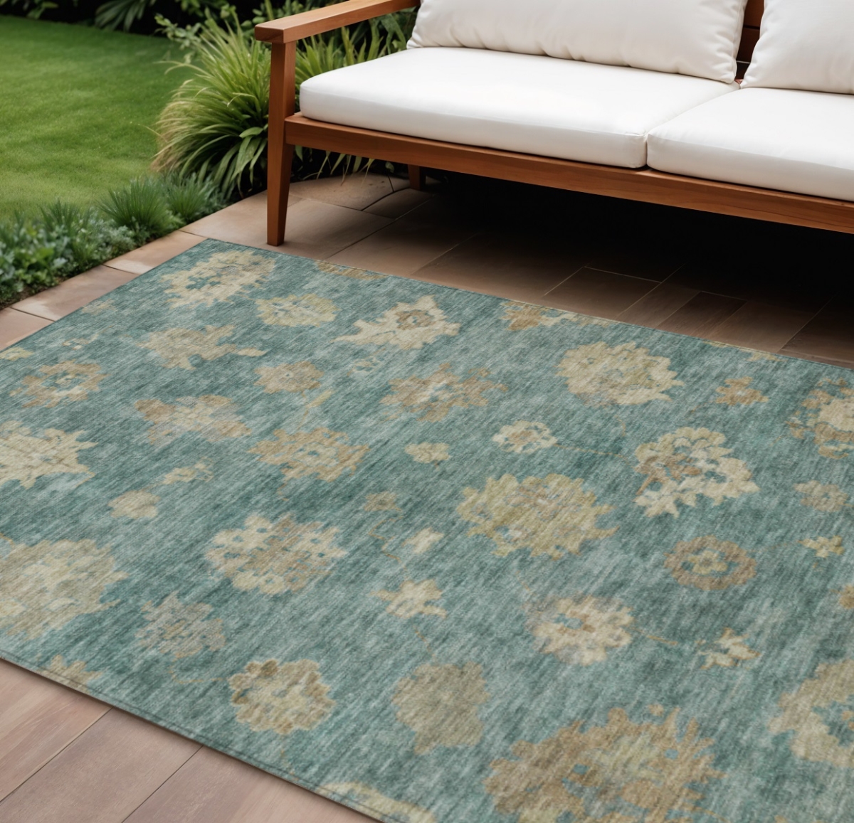 658511 9 x 12 ft. Artichoke Green Beige & Tan Floral Washable Traditional Indoor & Outdoor Rectangle Area Rug
