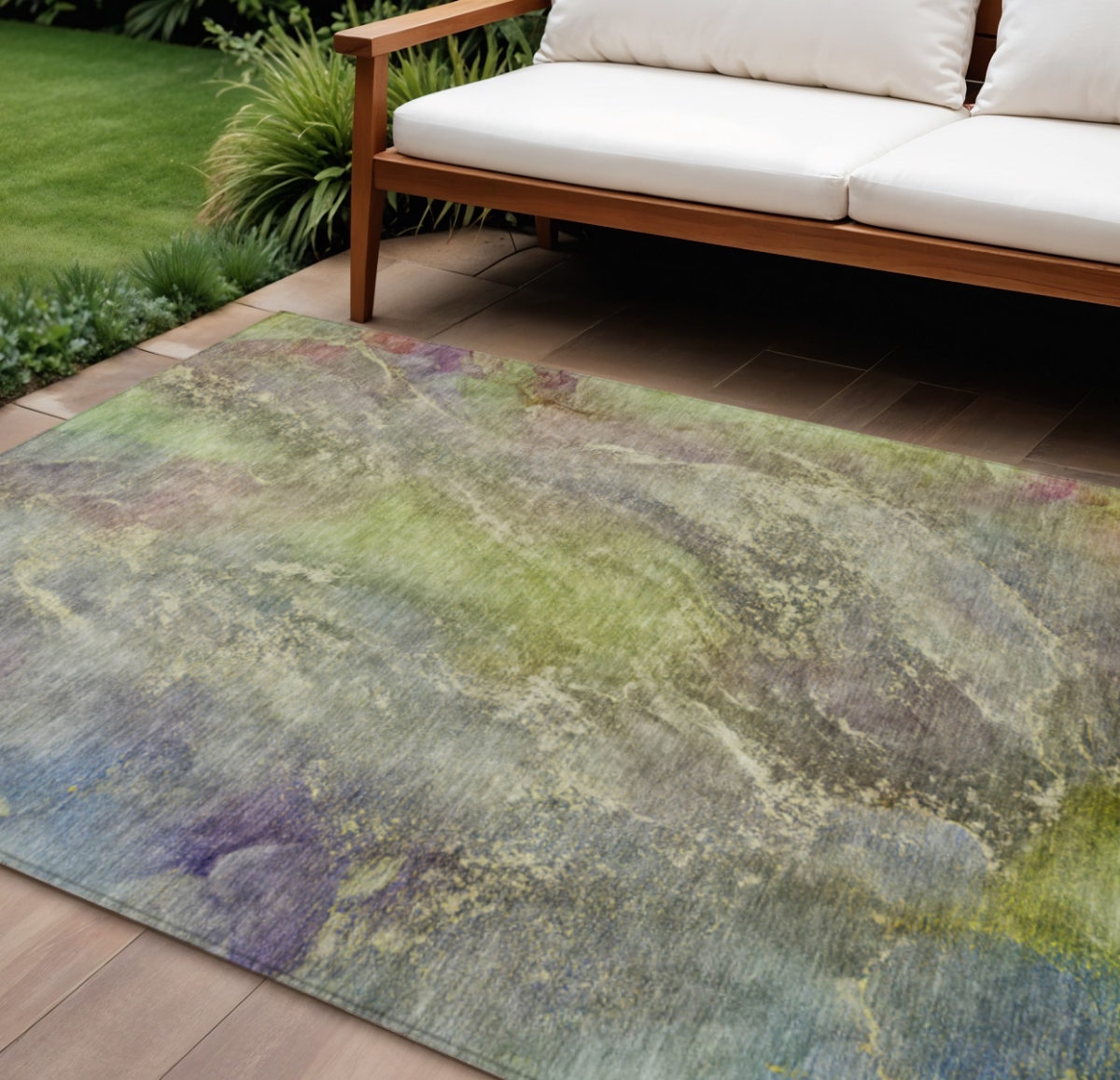 658608 10 x 14 ft. Green Pink & Gold Abstract Washable Transitional Indoor & Outdoor Rectangle Area Rug
