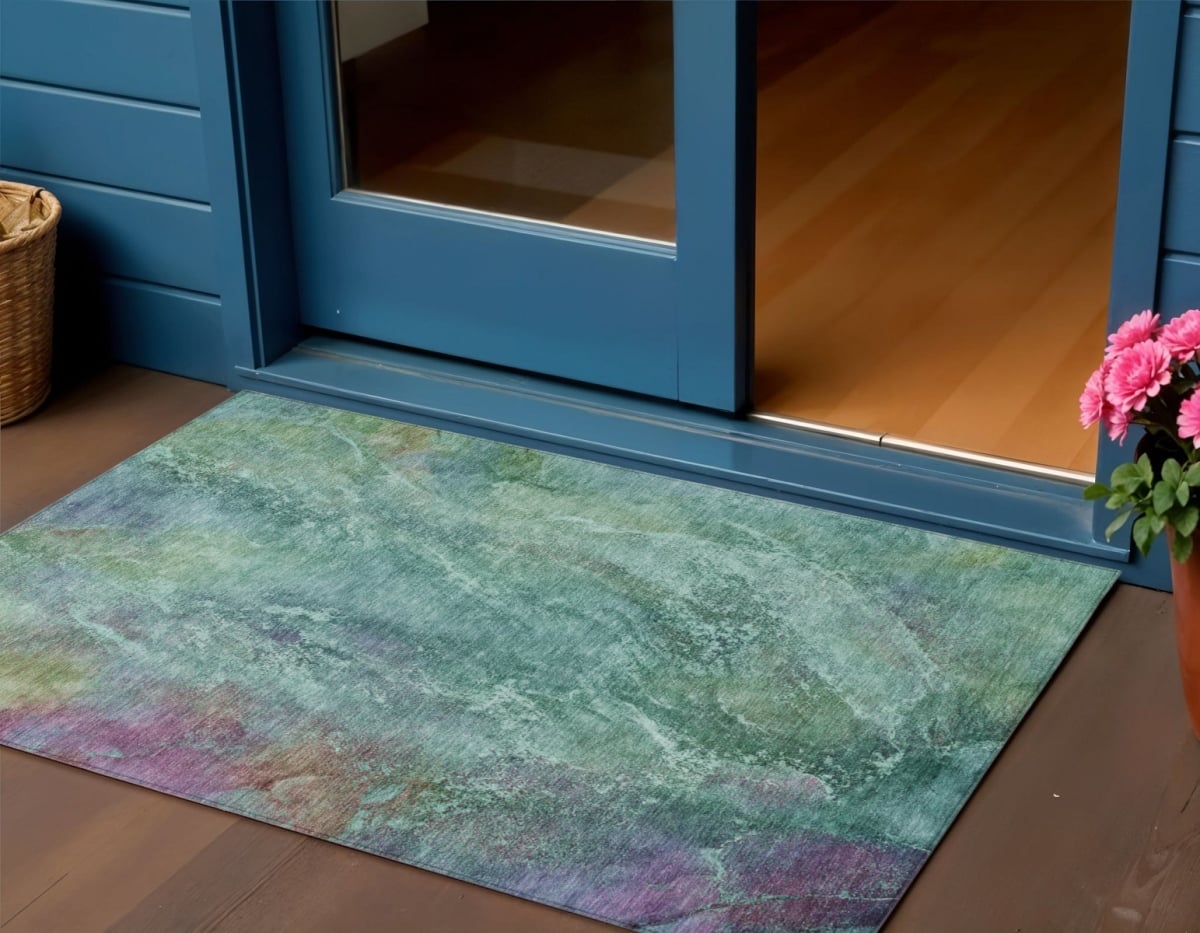 658651 3 x 5 ft. Teal Blue, Green & Purple Abstract Washable Transitional Indoor & Outdoor Rectangle Area Rug