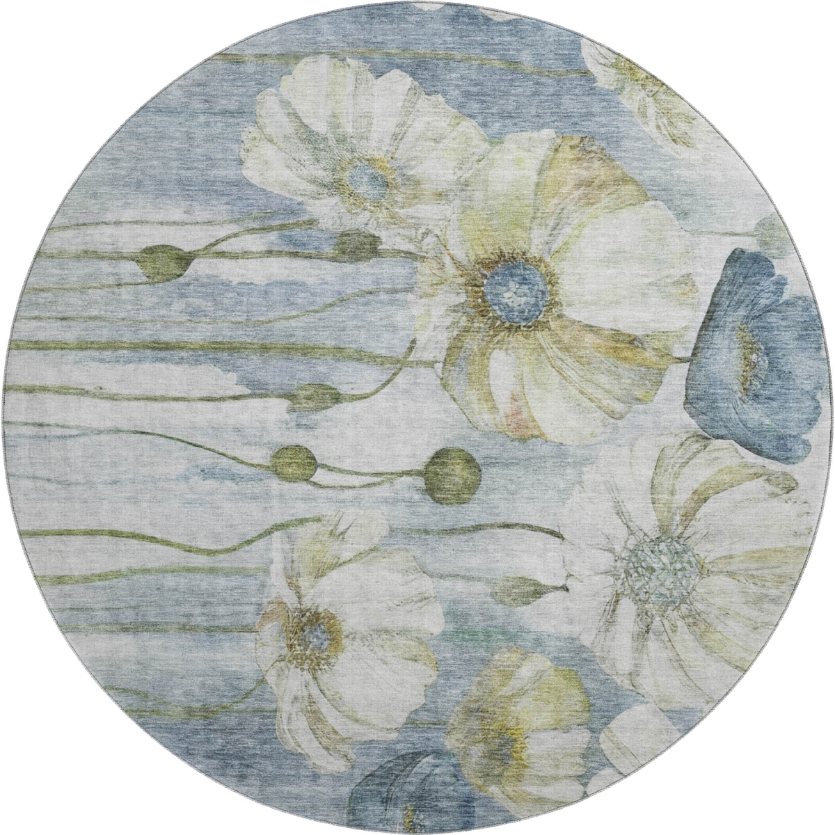 657296 8 ft. Blue, Ivory & Gold Floral Transitional Washable Round Area Rug with UV Protection