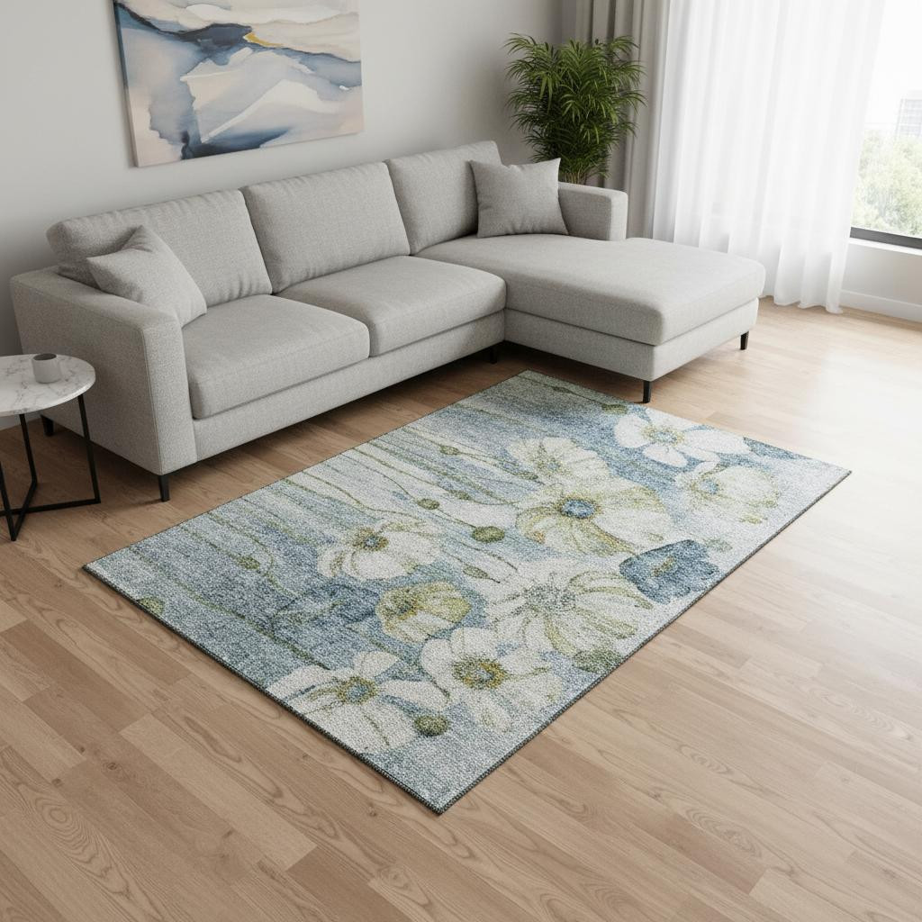 657299 10 x 14 ft. Blue, Ivory & Gold Floral Transitional Washable Machine Made Rectangle Area Rug with UV Protection