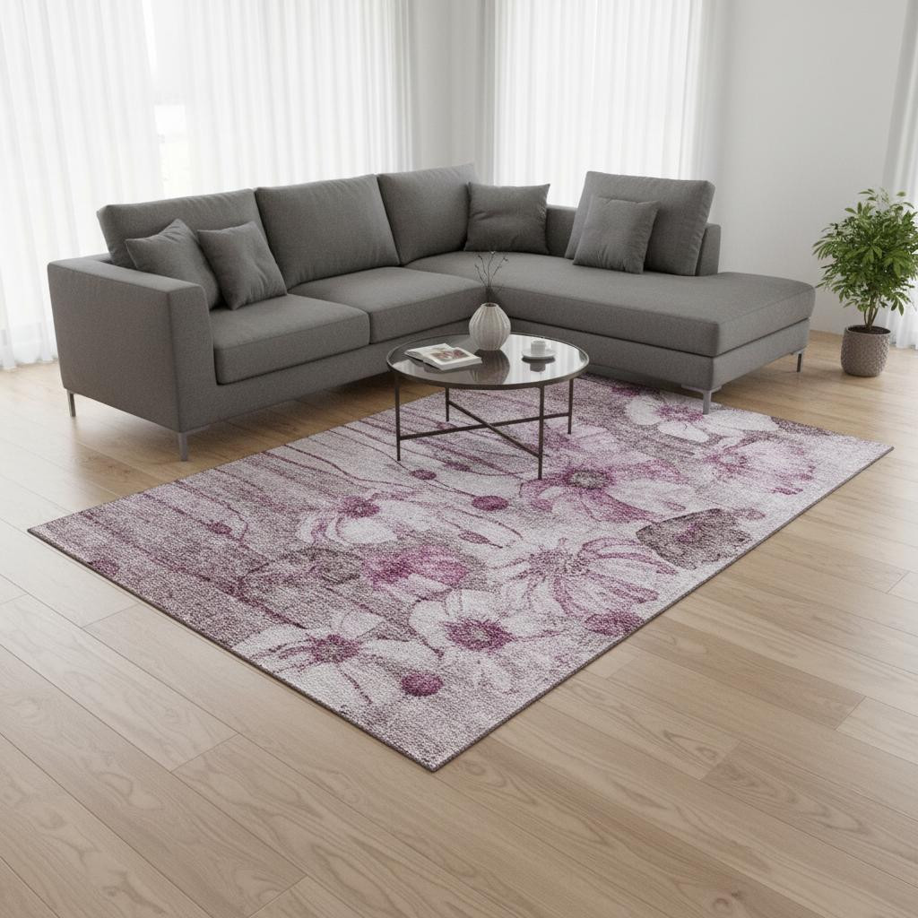 657310 9 x 12 ft. Plum & Ivory Floral Transitional Washable Machine Made Rectangle Area Rug with UV Protection