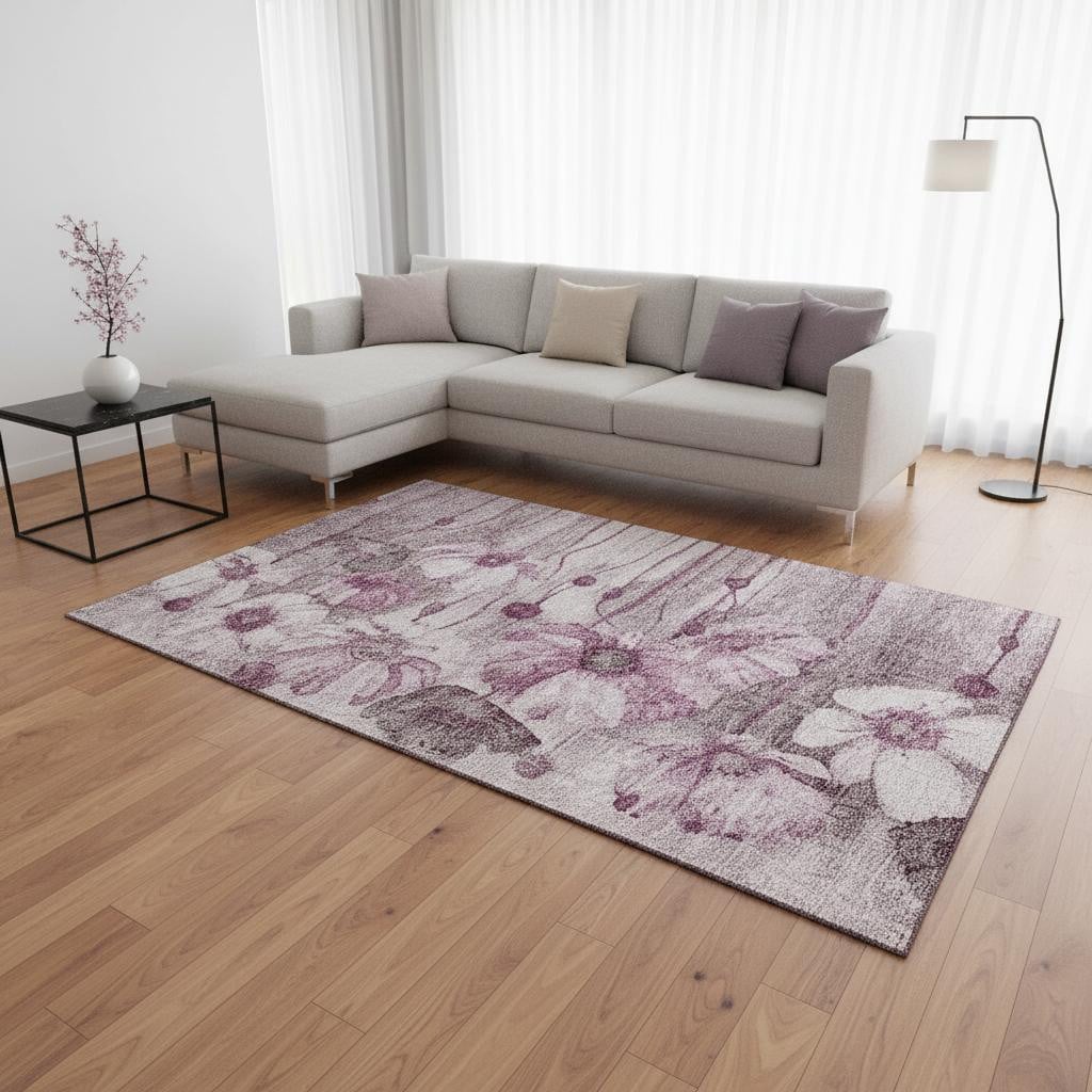 657311 10 x 14 ft. Plum & Ivory Floral Transitional Washable Machine Made Rectangle Area Rug with UV Protection