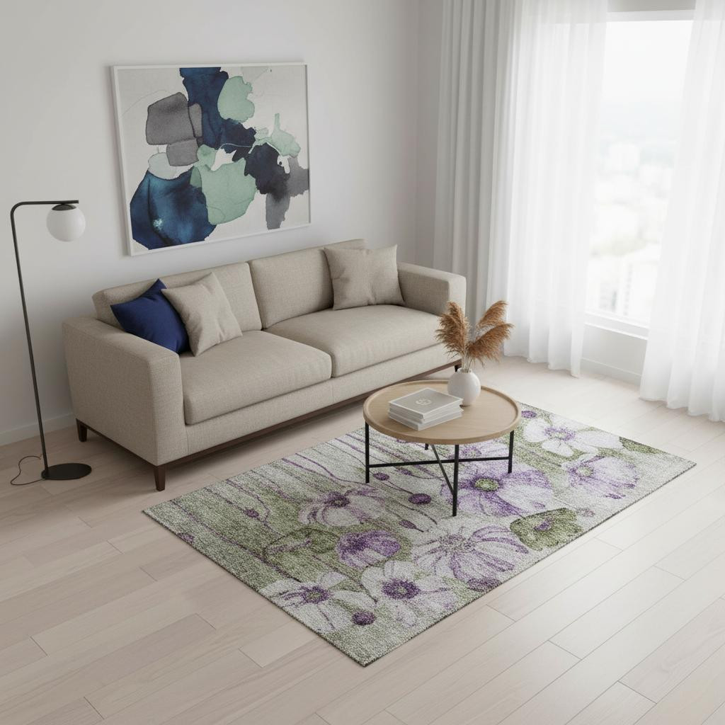 657313 5 x 8 ft. Purple, Green & Ivory Floral Washable Machine Made Rectangle Area Rug with UV Protection