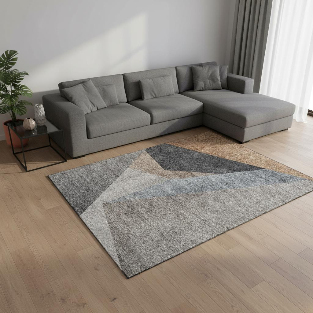 657471 8 x 10 ft. Taupe Blue & Beige Geometric Washable Machine Made Rectangle Area Rug with UV Protection