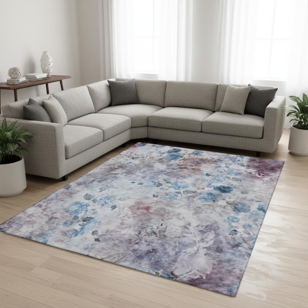 657699 8 x 10 ft. Blue Blush & Ivory Floral Washable Machine Made Rectangle Area Rug with UV Protection