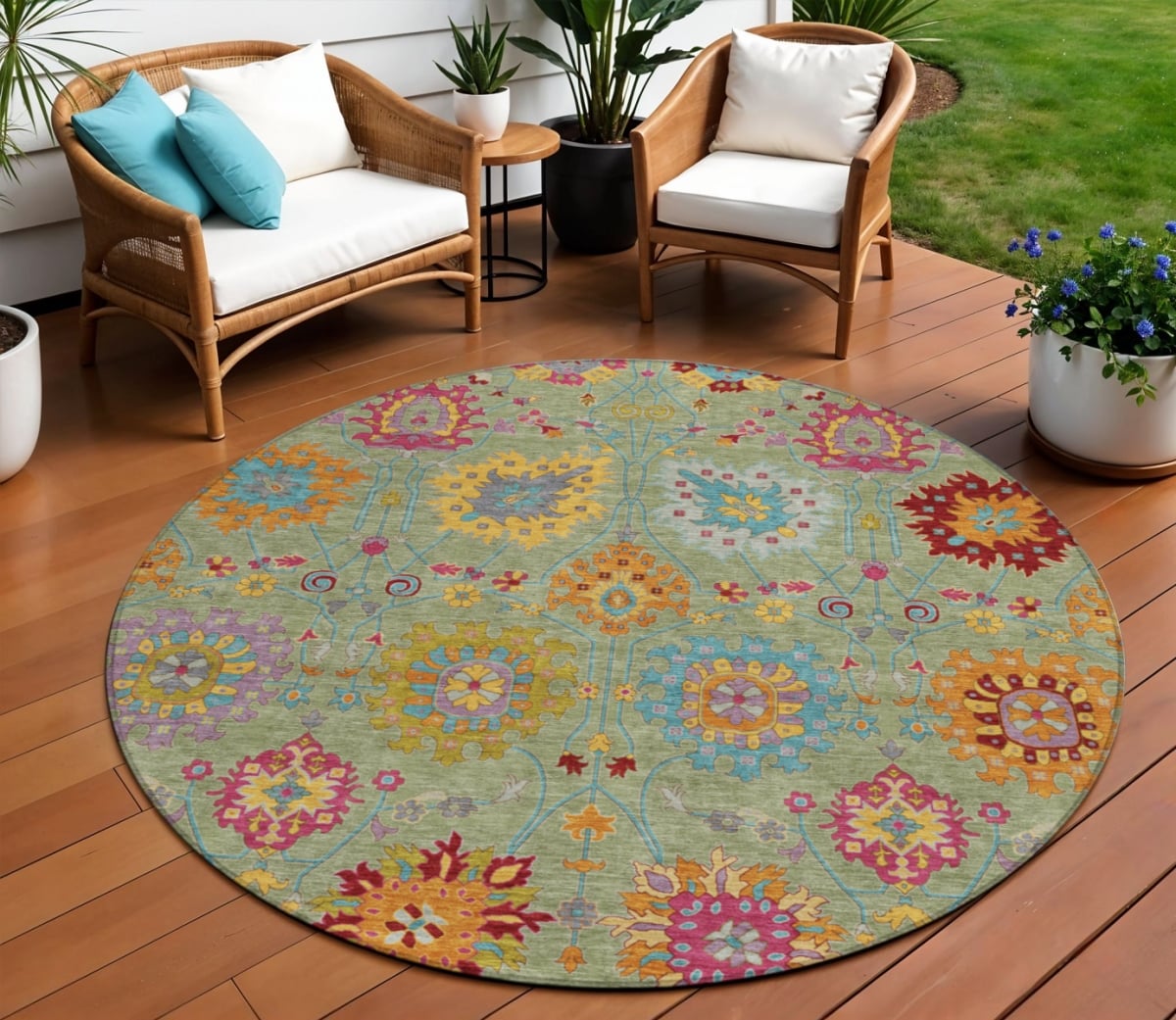 657801 8 ft. Artichoke Green, Gold & Pink Damask Washable Transitional Indoor & Outdoor Round Area Rug