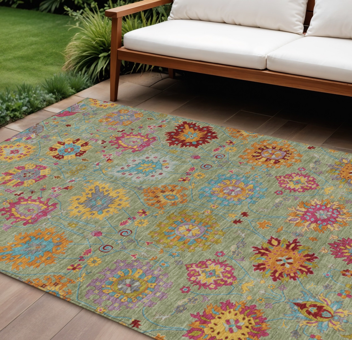 657804 10 x 14 ft. Artichoke Green, Gold & Pink Damask Washable Transitional Indoor & Outdoor Rectangle Area Rug