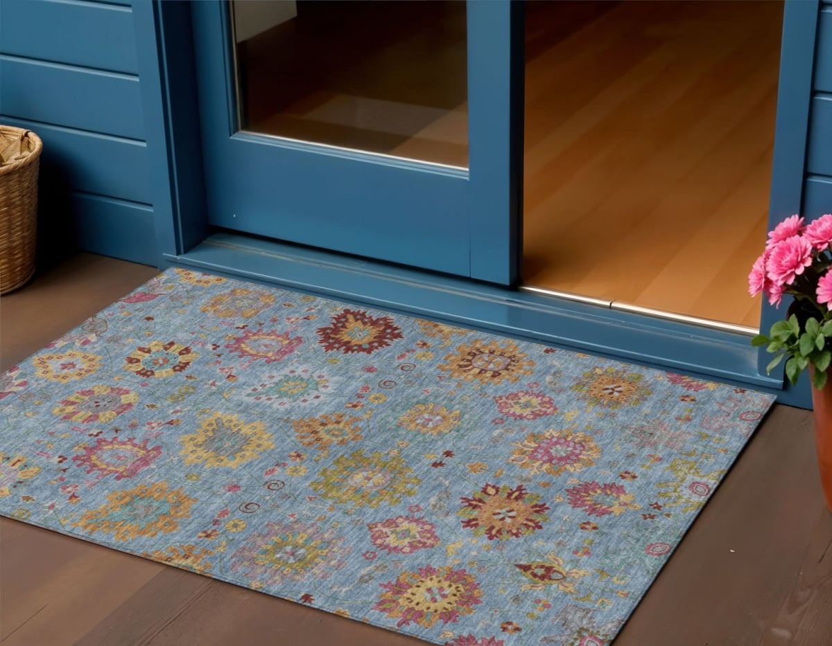 657811 3 x 5 ft. Blue Gold & Pink Damask Washable Transitional Indoor & Outdoor Rectangle Area Rug