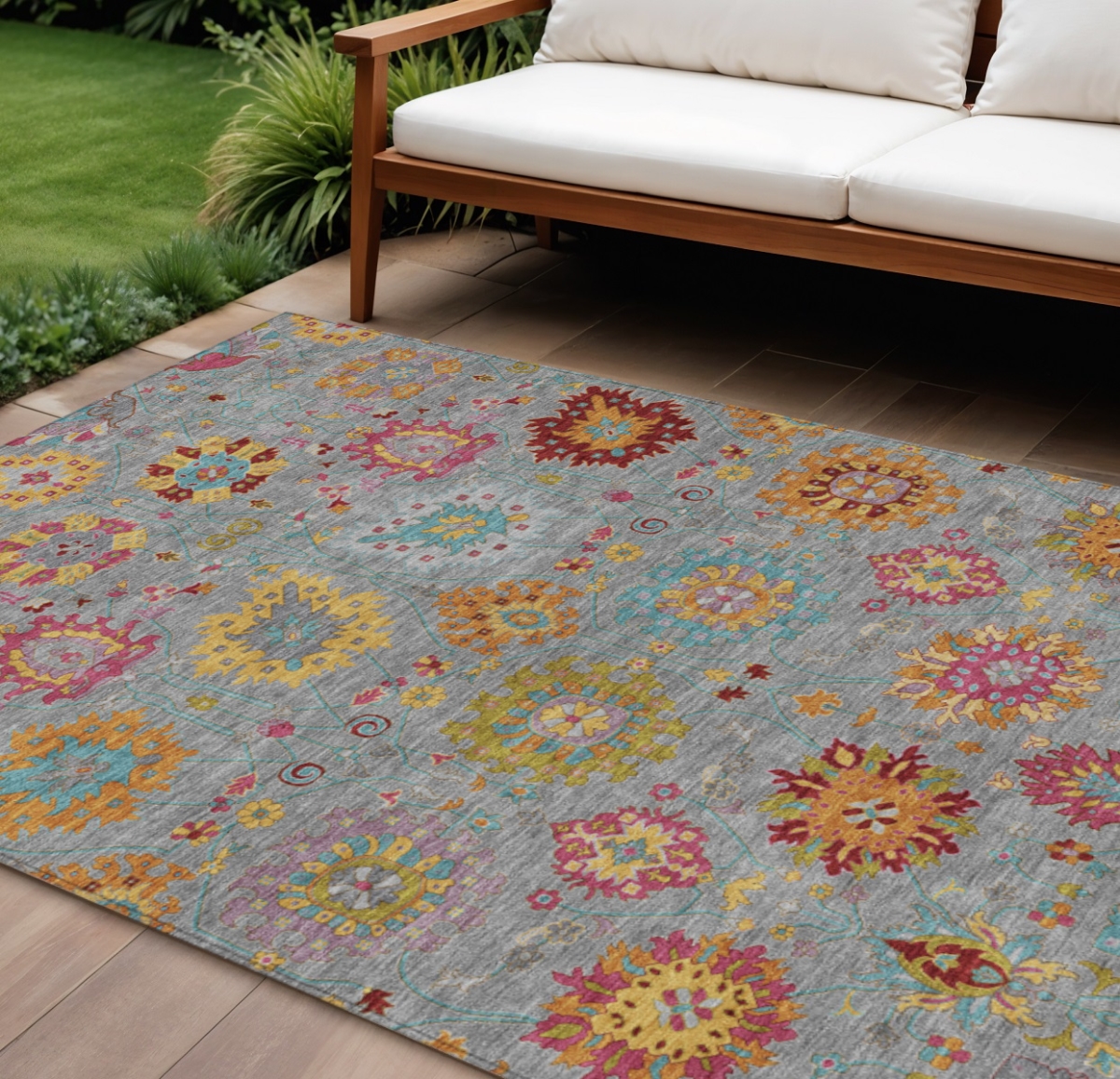 657827 9 x 12 ft. Gray Gold & Pink Damask Washable Transitional Indoor & Outdoor Rectangle Area Rug