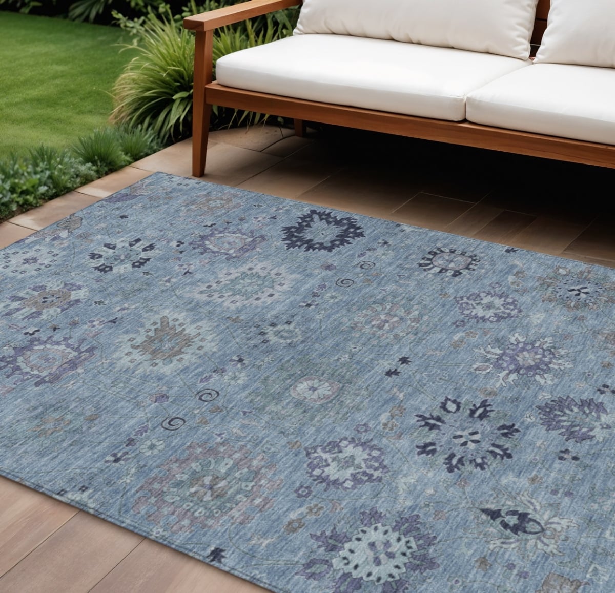 657868 8 x 10 ft. Denim Blue & Gray Damask Washable Transitional Indoor & Outdoor Rectangle Area Rug
