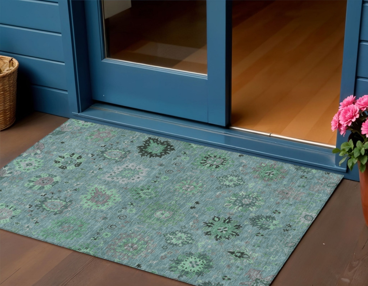 657889 3 x 5 ft. Teal, Blue & Gray Damask Washable Transitional Indoor & Outdoor Rectangle Area Rug
