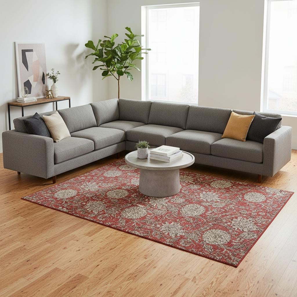 655812 10 x 14 ft. Red & Beige Floral Washable Machine Made Rectangle Area Rug with UV Protection
