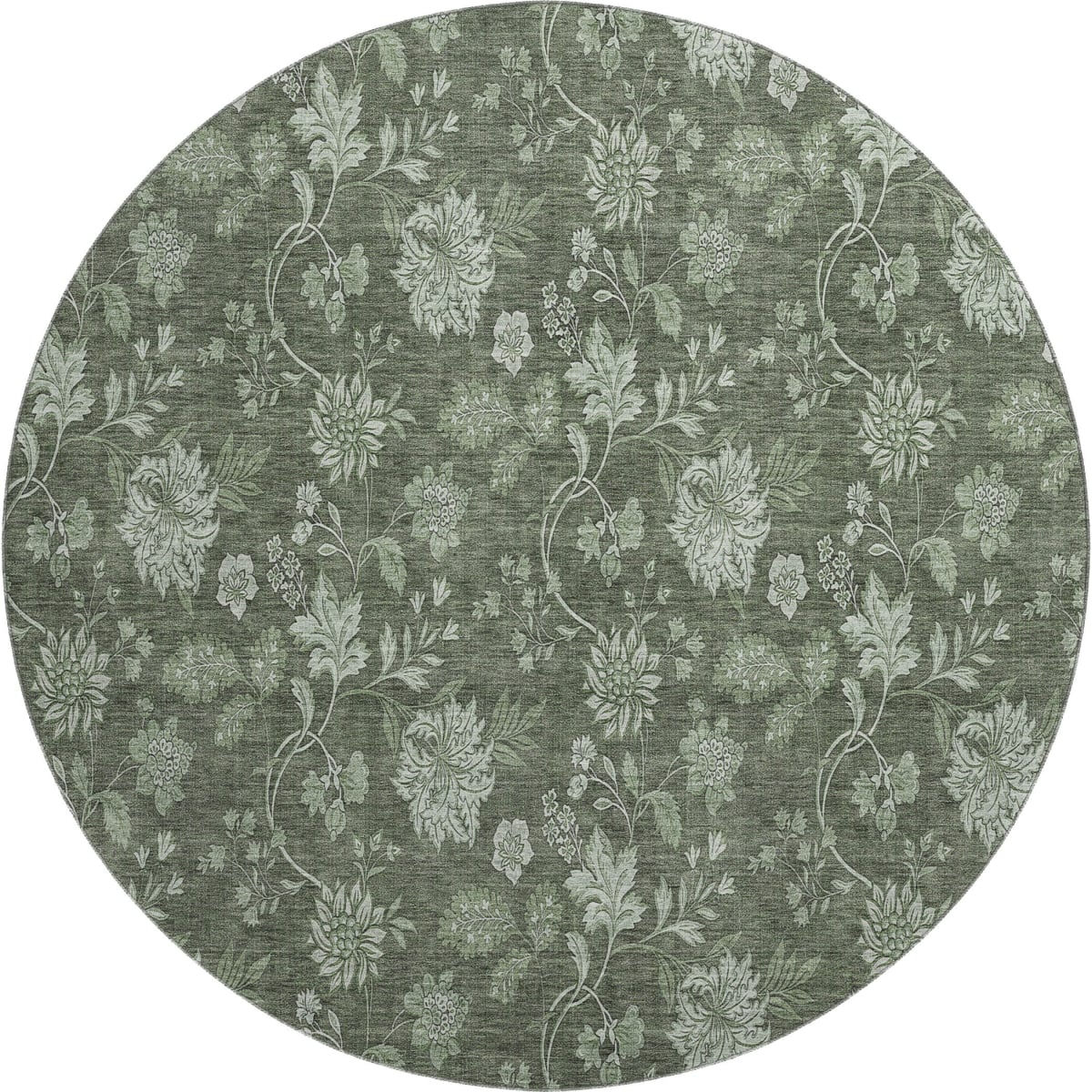 655929 8 ft. Olive Green & Gray Floral Transitional Washable Round Area Rug with UV Protection