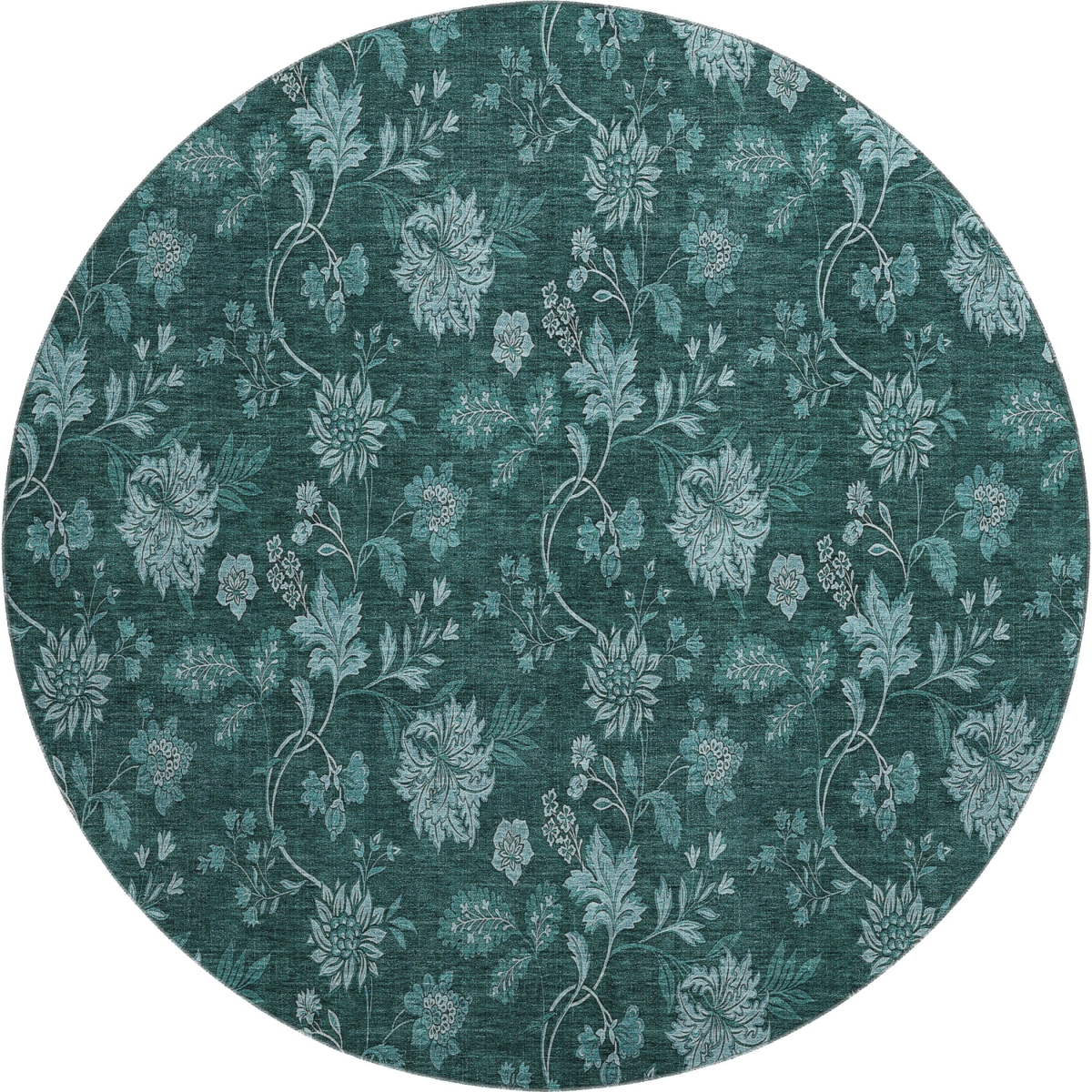 655941 8 ft. Teal & Ivory Floral Transitional Washable Round Area Rug with UV Protection