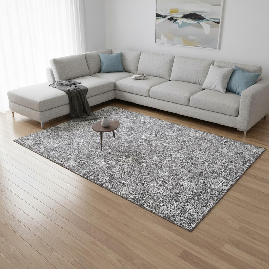 655984 8 x 10 ft. Gray & Ivory Floral Transitional Washable Machine Made Rectangle Area Rug with UV Protection