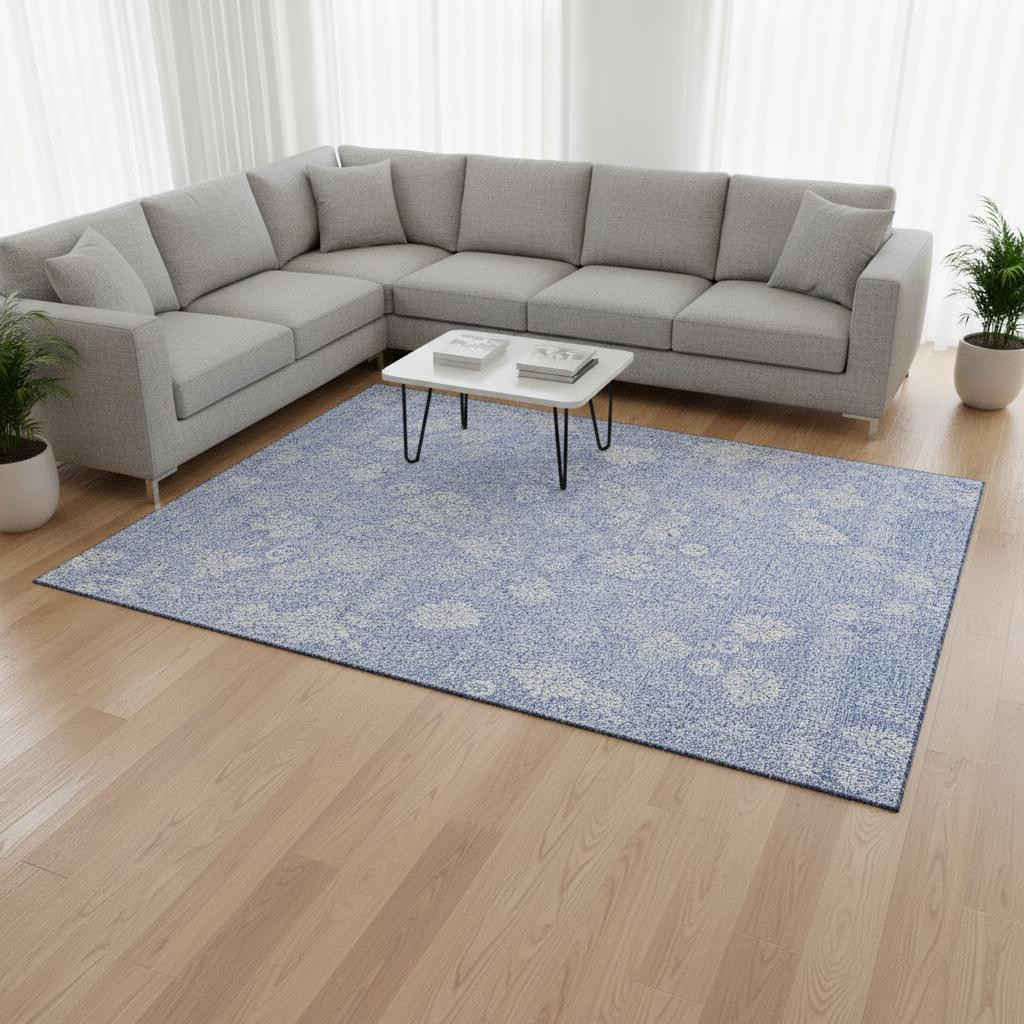 656008 8 x 10 ft. Sky Blue & Ivory Floral Transitional Washable Machine Made Rectangle Area Rug with UV Protection