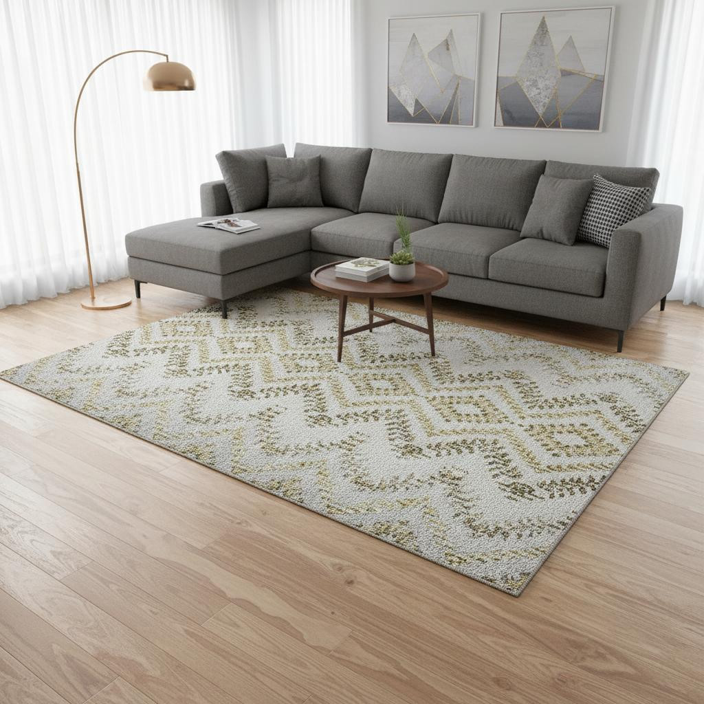 656123 9 x 12 ft. Taupe, Ivory & Gold Geometric Washable Machine Made Rectangle Area Rug with UV Protection