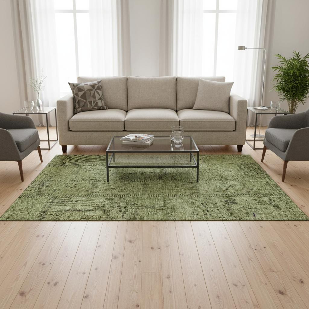 656150 5 x 8 ft. Fern Green & Gray Patchwork Washable Machine Made Rectangle Area Rug with UV Protection