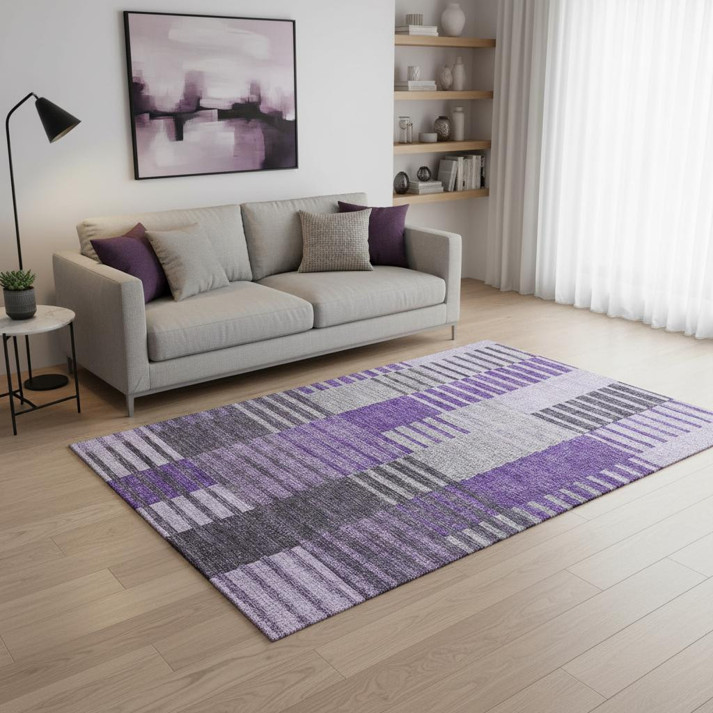 656264 5 x 8 ft. Purple, Ivory & Gray Striped Transitional Washable Machine Made Rectangle Area Rug with UV Protection