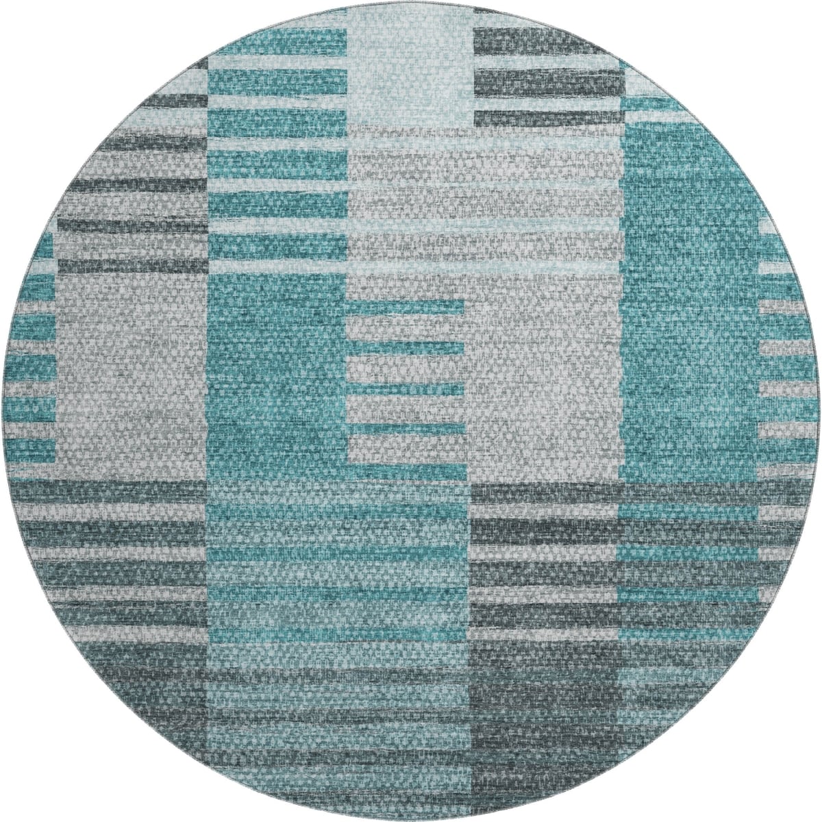 656271 8 ft. Teal Ivory & Gray Striped Transitional Washable Round Area Rug with UV Protection