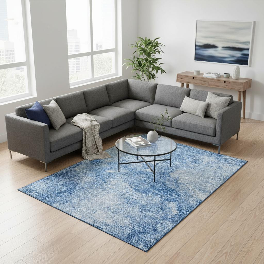 656284 8 x 10 ft. Blue & Ivory Abstract Transitional Washable Machine Made Rectangle Area Rug with UV Protection
