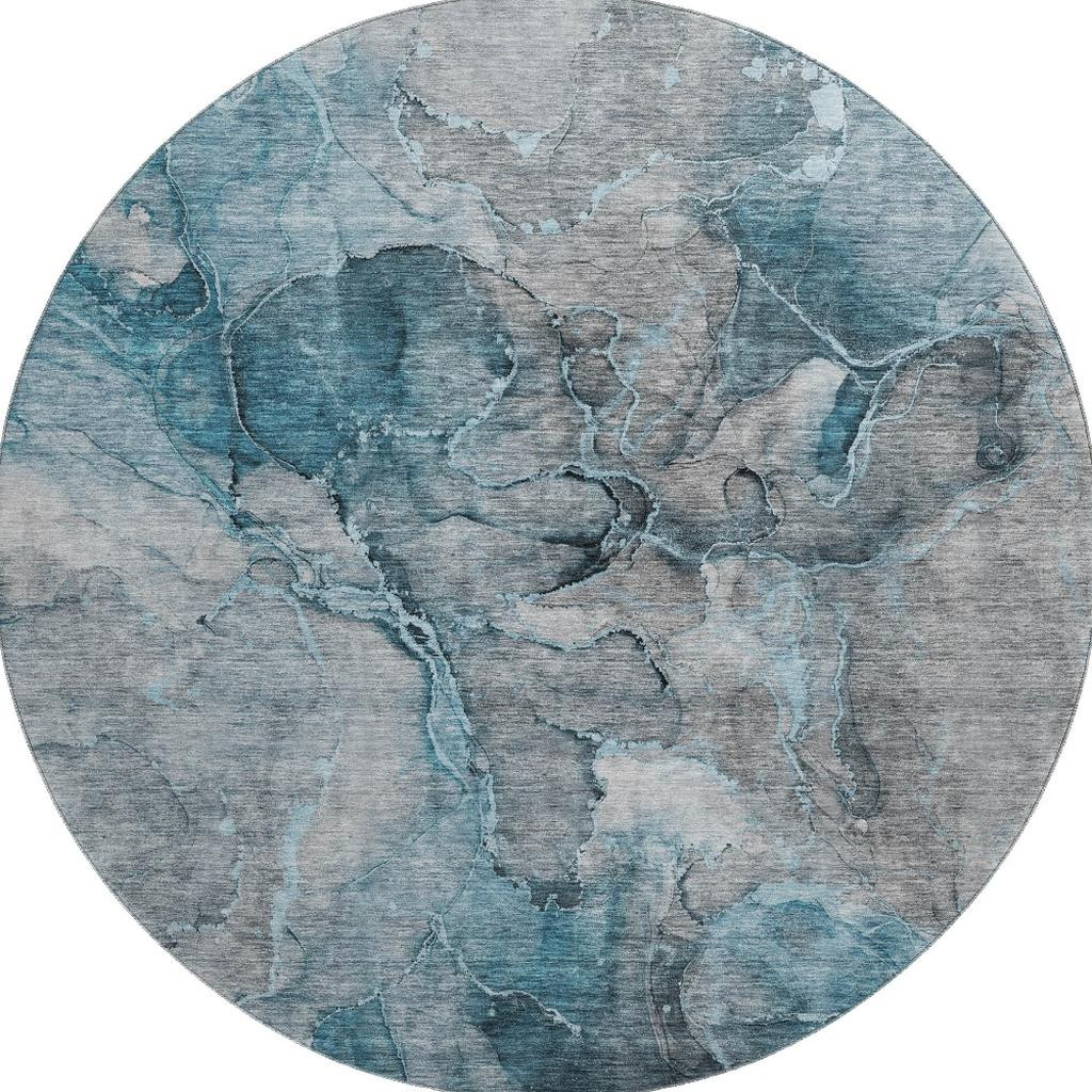 656331 8 ft. Teal & Gray Abstract Transitional Washable Round Area Rug with UV Protection