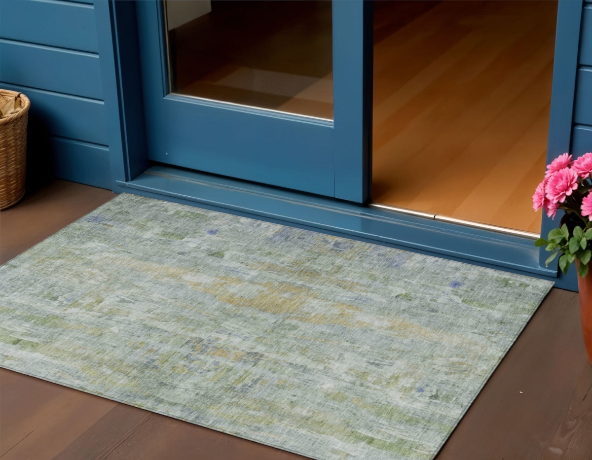 658699 3 x 5 ft. Artichoke Green & Blue Abstract Washable Transitional Indoor & Outdoor Rectangle Area Rug