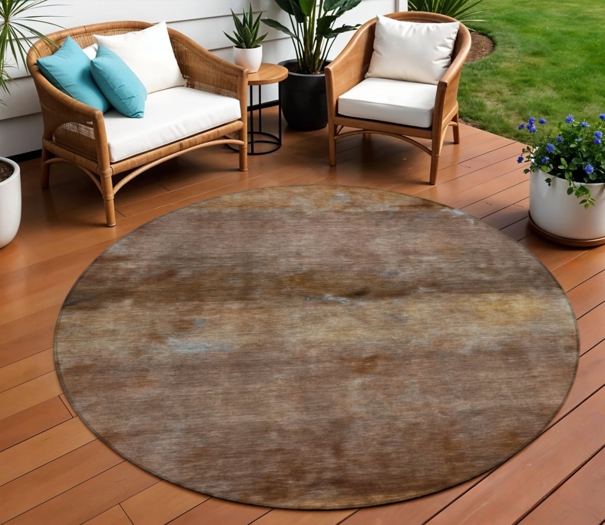 658785 8 ft. Khaki & Brown Abstract Washable Transitional Indoor & Outdoor Round Area Rug