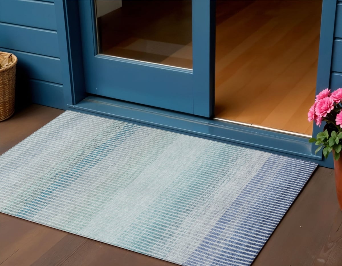 658843 3 x 5 ft. Blue, Ivory & Gray Striped Washable Transitional Indoor & Outdoor Rectangle Area Rug