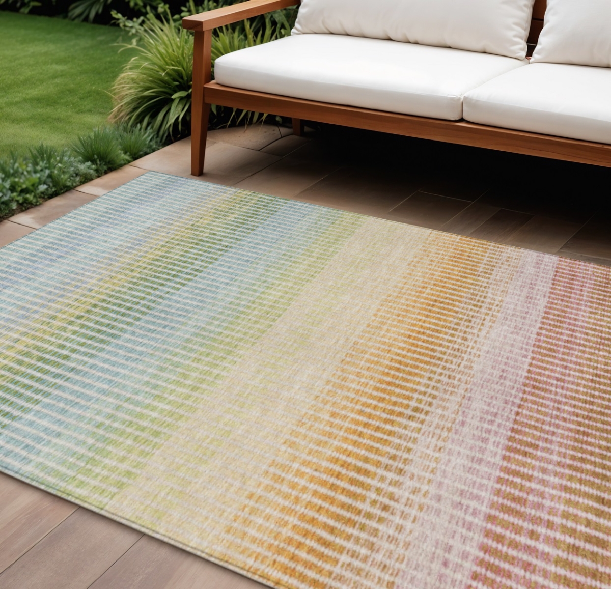 658896 10 x 14 ft. Salmon Blue & Peach Striped Washable Transitional Indoor & Outdoor Rectangle Area Rug